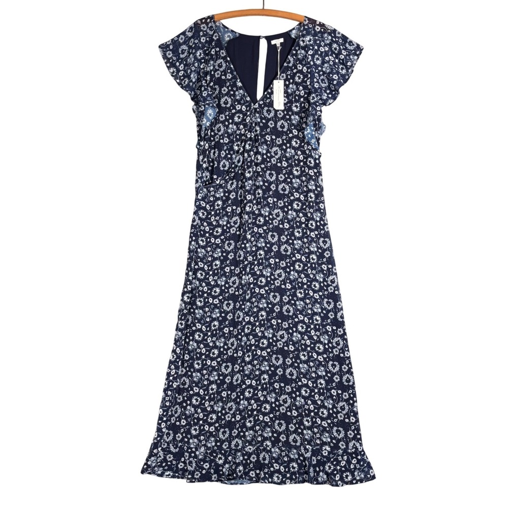 Tavik Medina Floral Evening Blue Maxi Dress Womens Small Navy V-Neck Flutter New